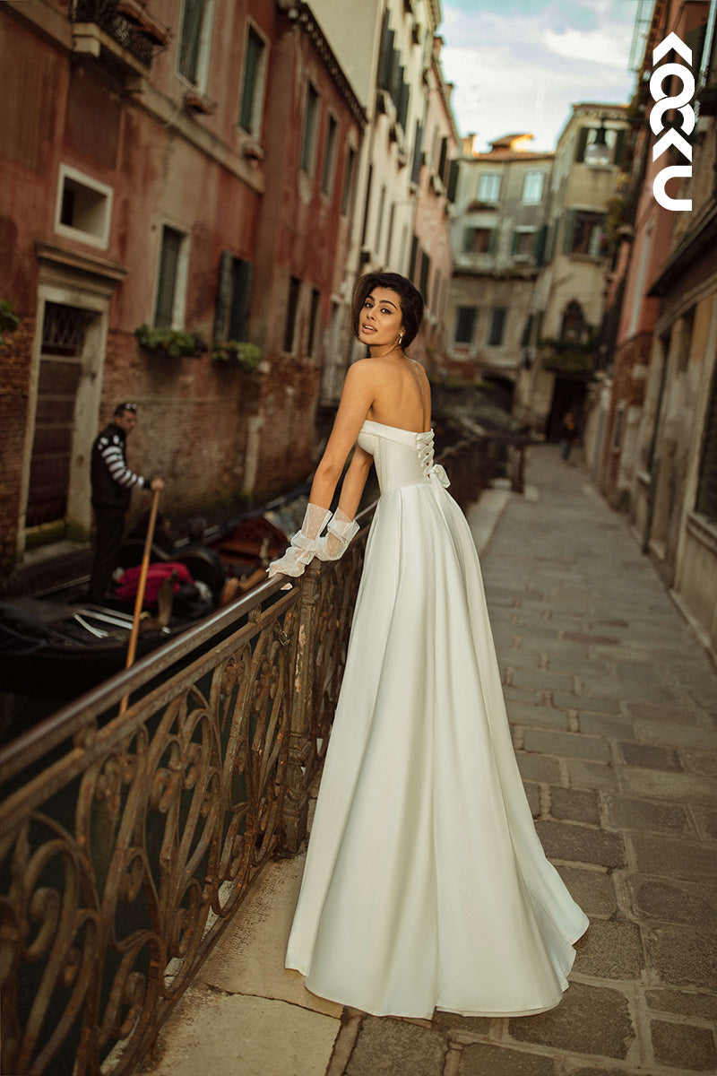 K1457 - Simple Strapless Sleeveless Beaded Satin A-Line Long Wedding Dress