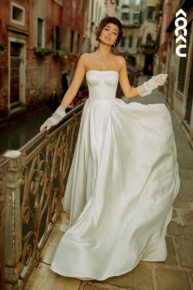 K1457 - Simple Strapless Sleeveless Beaded Satin A-Line Long Wedding Dress