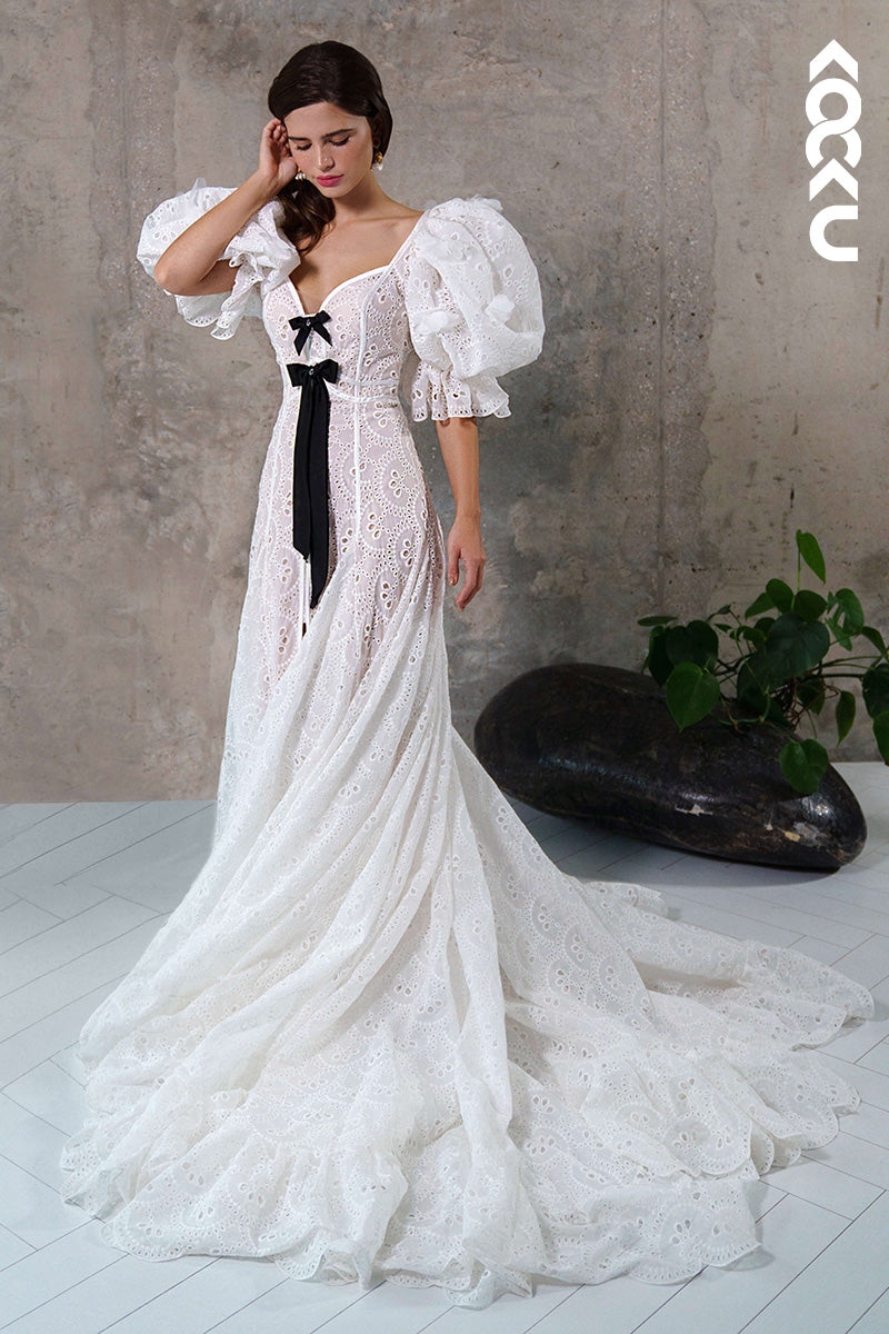 K1462 - V-Neck Half Puff Sleeves Lace Sheer A-Line Long Wedding Dress