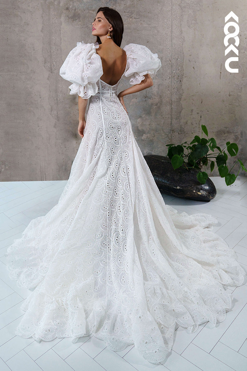 K1462 - V-Neck Half Puff Sleeves Lace Sheer A-Line Long Wedding Dress