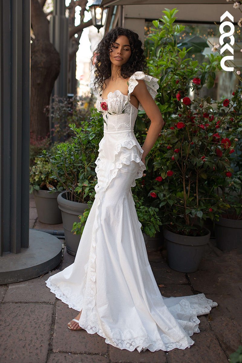 K1463 - Sweetheart Sleeveless Appliqued Sheer Sheath Long Wedding Dress