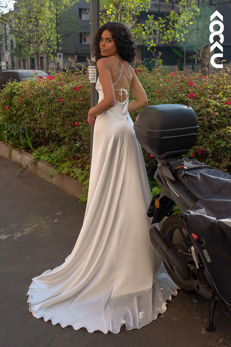 K1465 - Simple V-Neck Spaghetti Straps Satin A-Line Long Wedding Dress