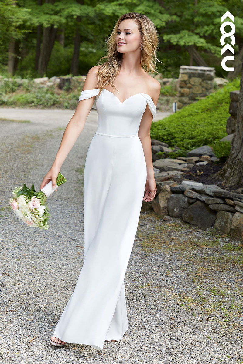 K1467 - Off-Shoulder Sweetheart Sleeveless Satin Sheath Long Wedding Gown