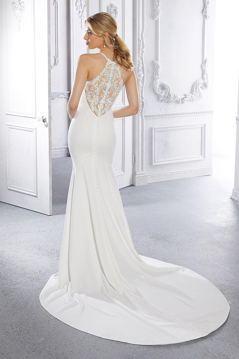 K1469 - V-Neck Spaghetti Straps Sheer Lace Satin Mermaid Long Wedding Dress