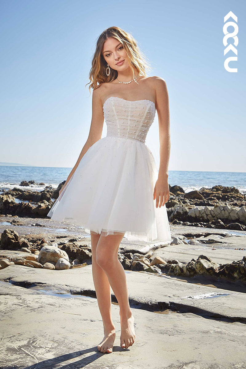 K1475 - Strapless Beaded Ruched Sheer Tulle A-Line Mini Wedding Dress