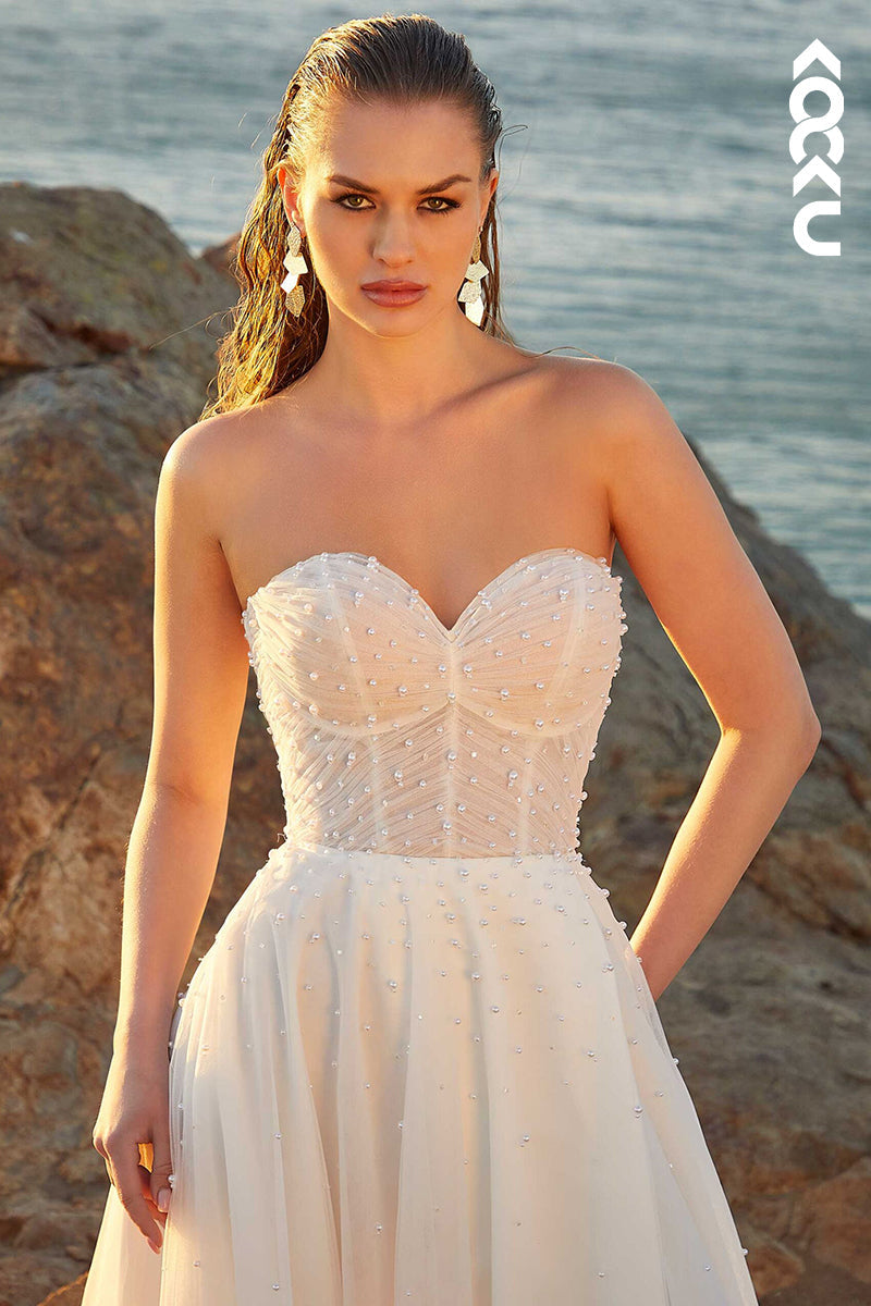 K1482 - Sweetheart Strapless Beaded Ruched Tulle A-Line Long Wedding Dress