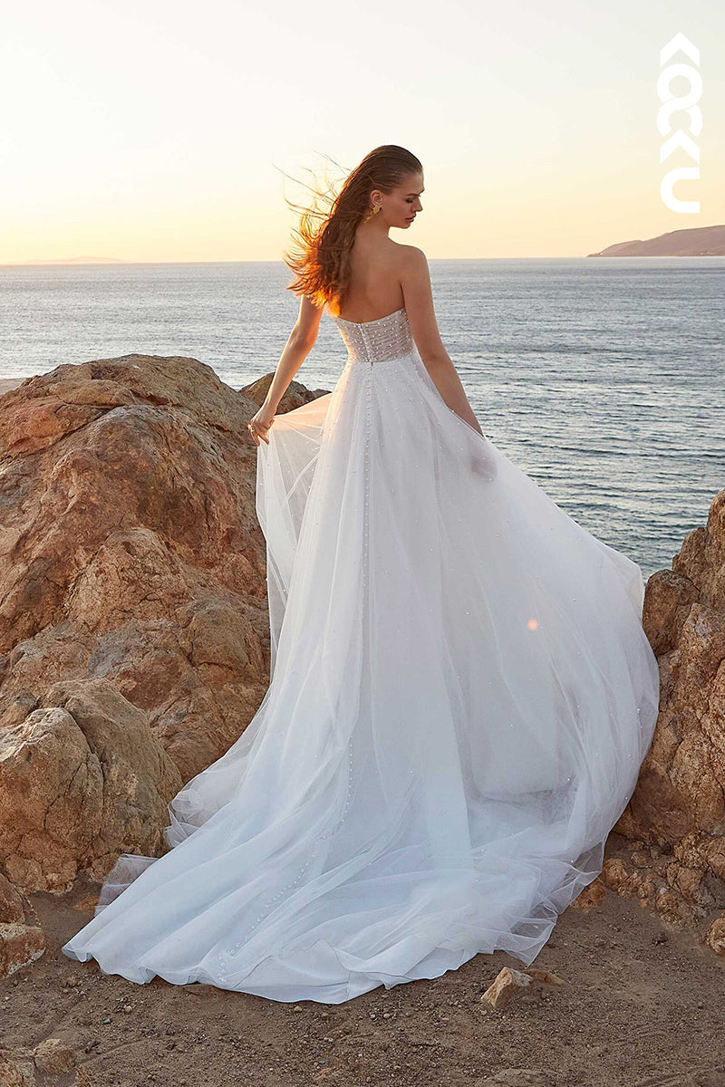 K1482 - Sweetheart Strapless Beaded Ruched Tulle A-Line Long Wedding Dress