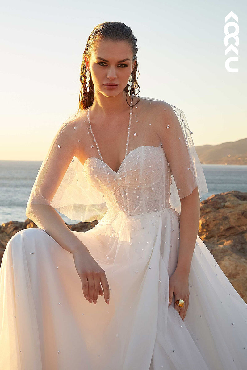 K1482 - Sweetheart Strapless Beaded Ruched Tulle A-Line Long Wedding Dress