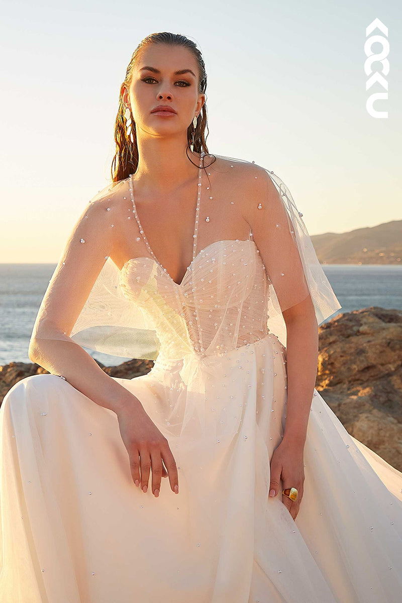 K1482 - Sweetheart Strapless Beaded Ruched Tulle A-Line Long Wedding Dress