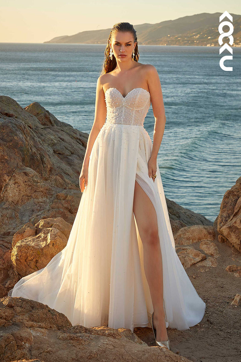 K1482 - Sweetheart Strapless Beaded Ruched Tulle A-Line Long Wedding Dress