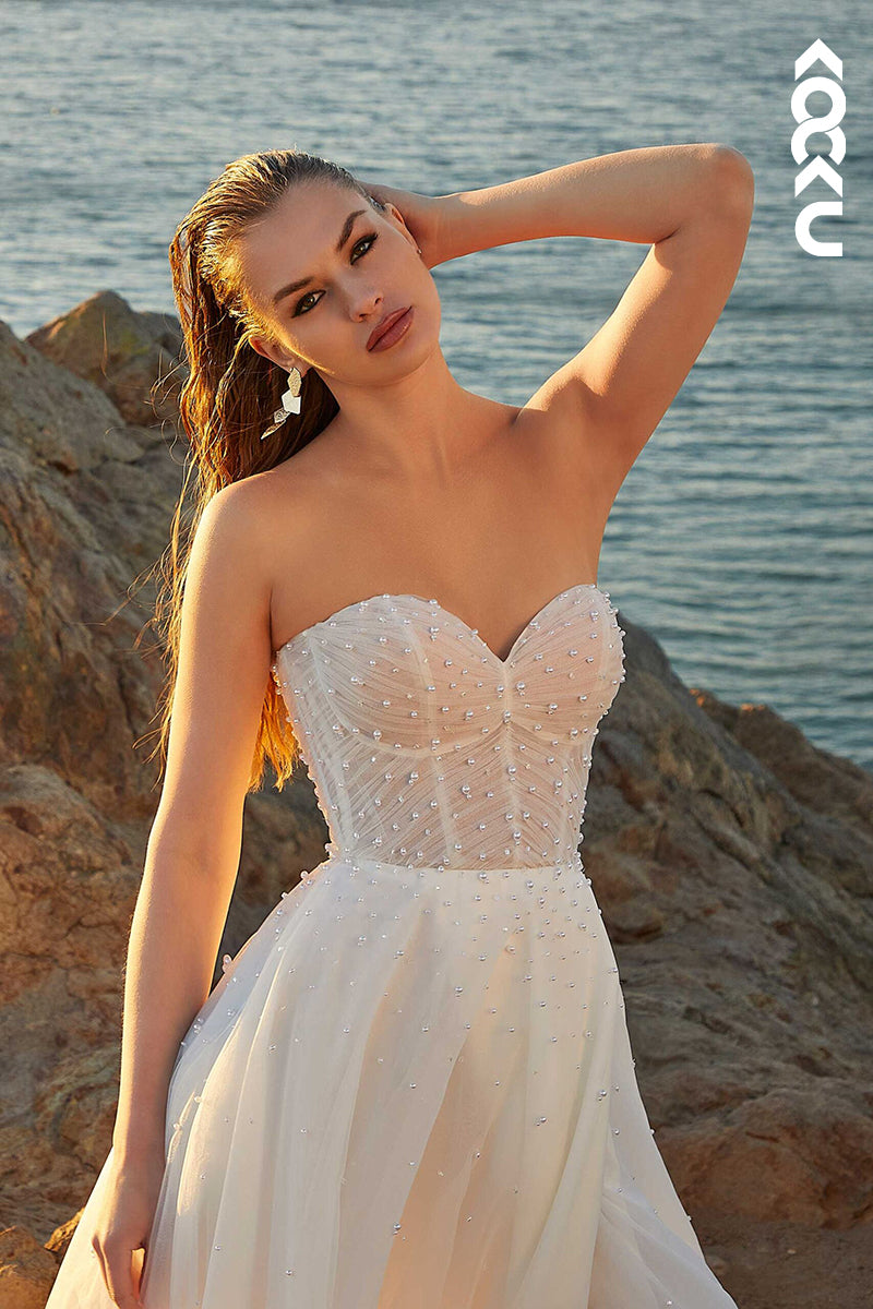 K1482 - Sweetheart Strapless Beaded Ruched Tulle A-Line Long Wedding Dress