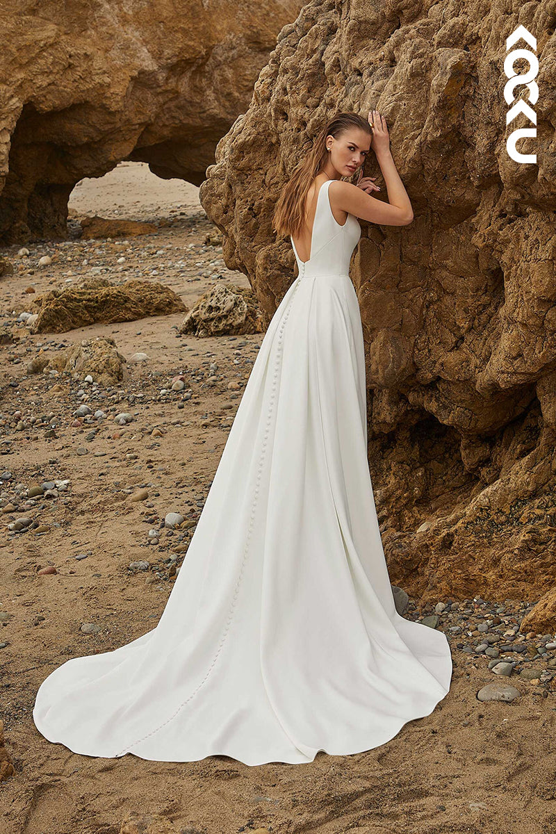 K1483 - Simple V-Neck Sleeveless Ruched Satin A-Line Long Wedding Dress