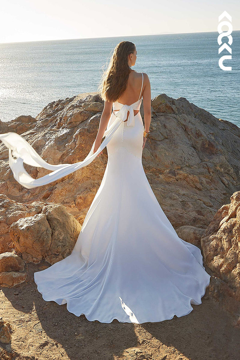 K1484 - Sweetheart Spaghetti Straps Ruched Satin Mermaid Long Wedding Dress