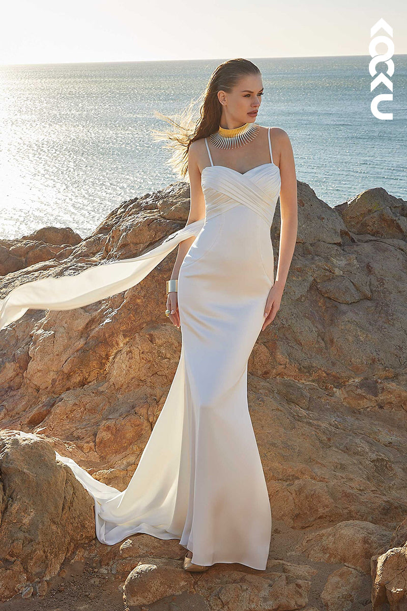 K1484 - Sweetheart Spaghetti Straps Ruched Satin Mermaid Long Wedding Dress