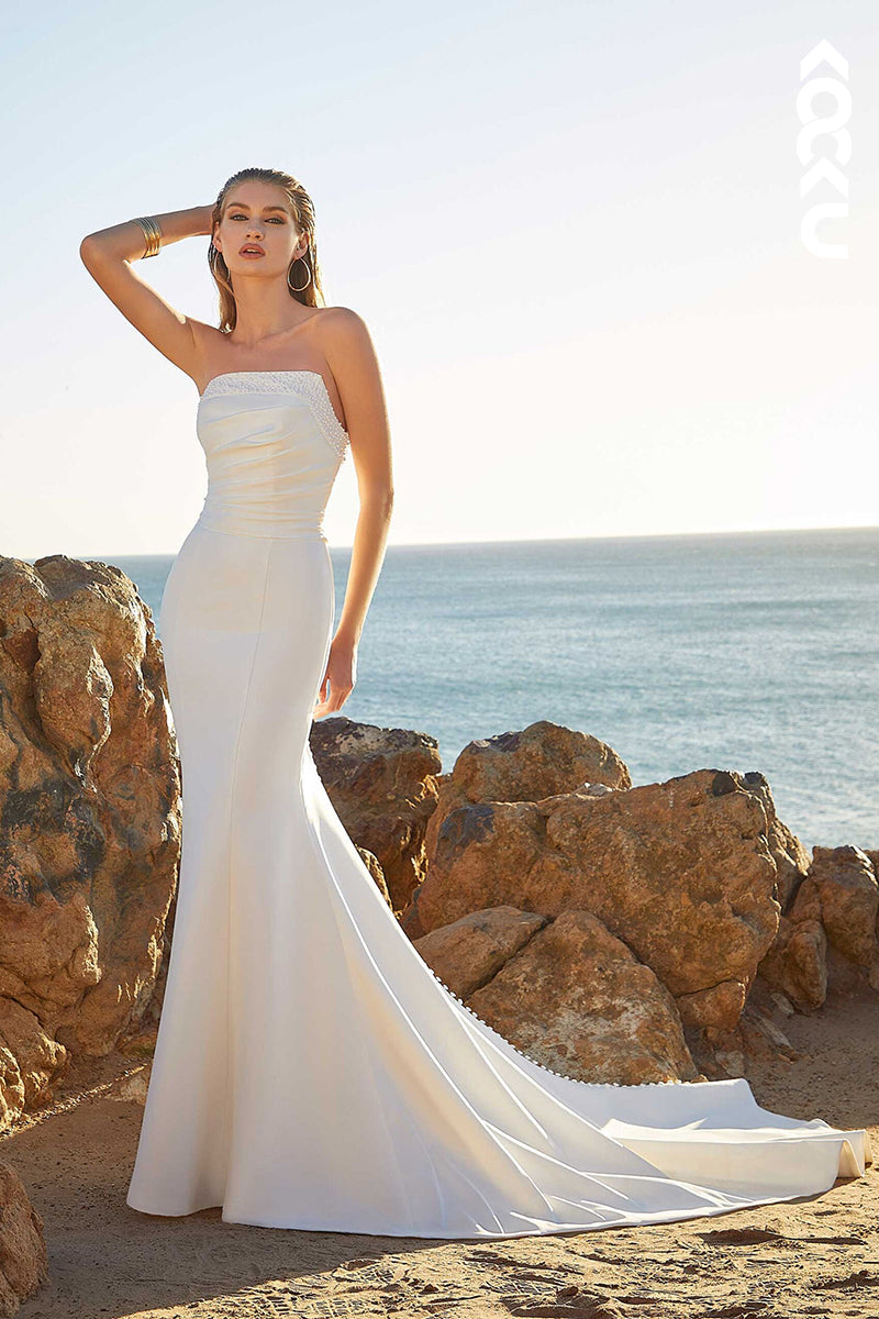 K1485 - Strapless Sleeveless Beaded Ruched Satin Mermaid Long Wedding Dress