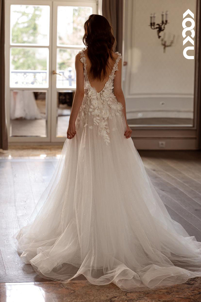 K1486 - Low V-Neck Appliqued Beaded Backless Tulle A-Line Long Wedding Dress