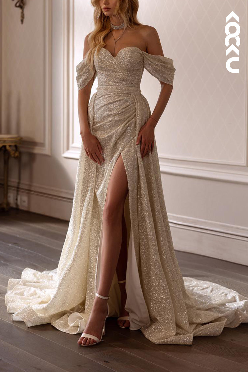 K1487 - Off-Shoulder Sweetheart Sequined Ruched Sheath Long Wedding Dress