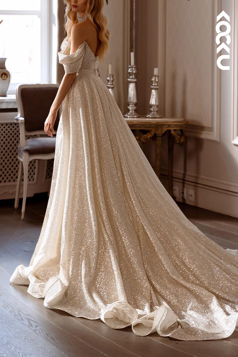 K1487 - Off-Shoulder Sweetheart Sequined Ruched Sheath Long Wedding Dress