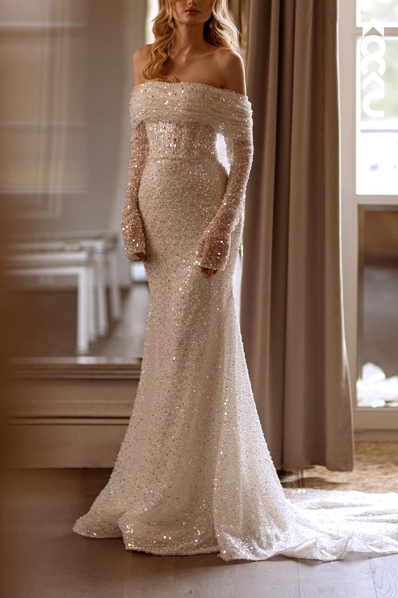 K1489 - Off-Shoulder Long Sleeves Sequined Sheer Sheath Long Wedding Dress