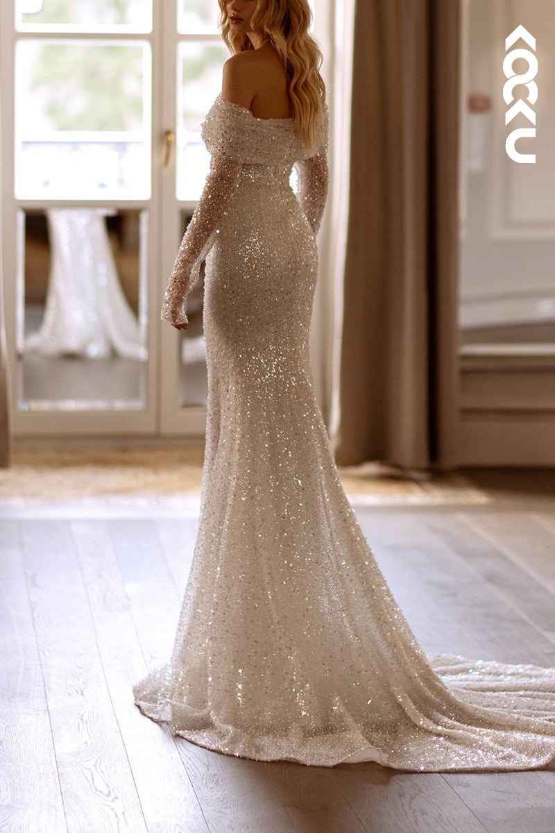 K1489 - Off-Shoulder Long Sleeves Sequined Sheer Sheath Long Wedding Dress