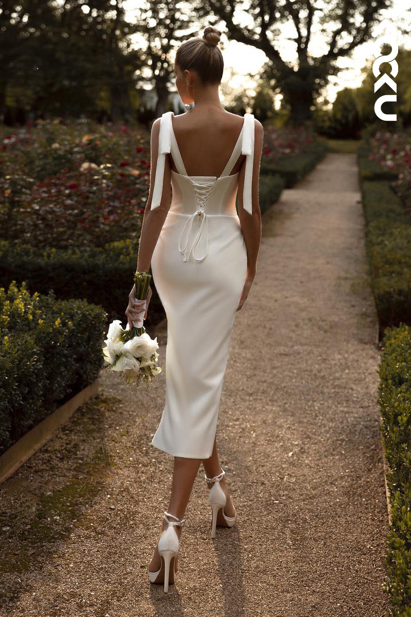 K1491 - Sweetheart Sleeveless Satin Sheath Midi Length Wedding Dress With Slit