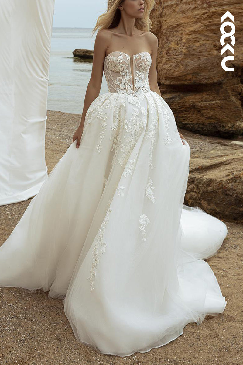 K1493 - Sweetheart Appliqued Tulle A-Line Wedding Dress With Detachable Sleeves