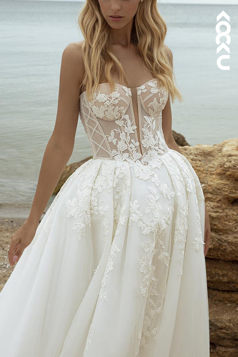 K1493 - Sweetheart Appliqued Tulle A-Line Wedding Dress With Detachable Sleeves