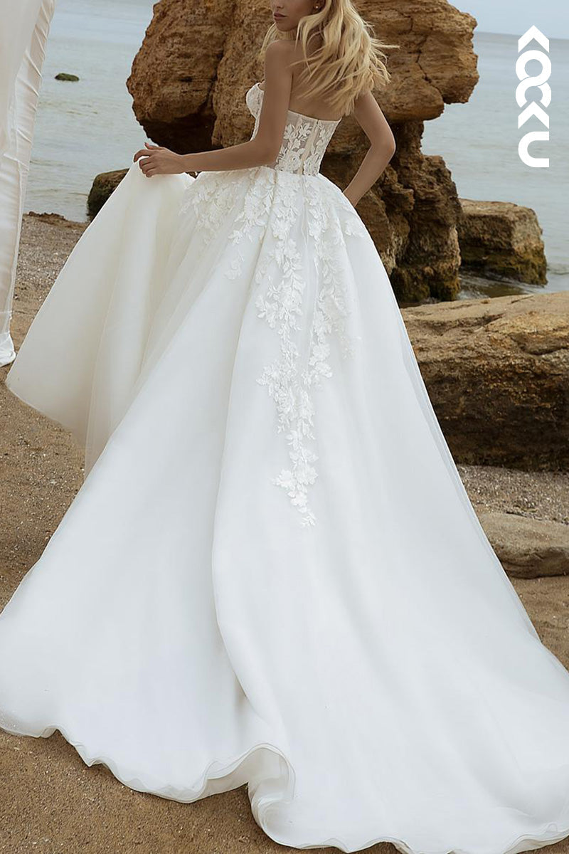 K1493 - Sweetheart Appliqued Tulle A-Line Wedding Dress With Detachable Sleeves