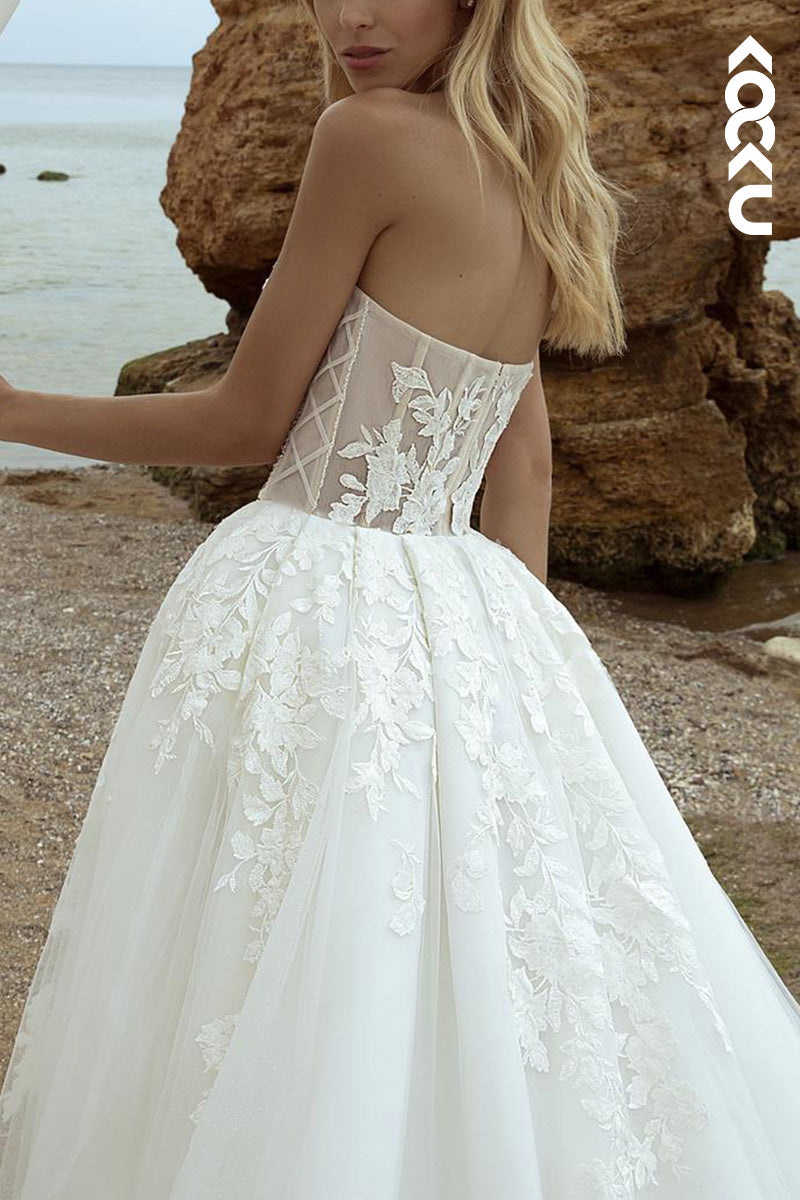 K1493 - Sweetheart Appliqued Tulle A-Line Wedding Dress With Detachable Sleeves