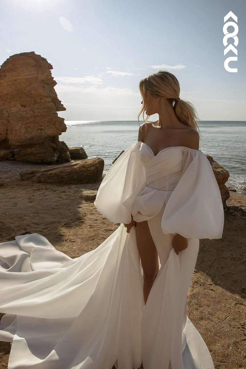 K1494 - Off-Shoulder Long Sleeves Ruched Satin A-Line Long Wedding Dress