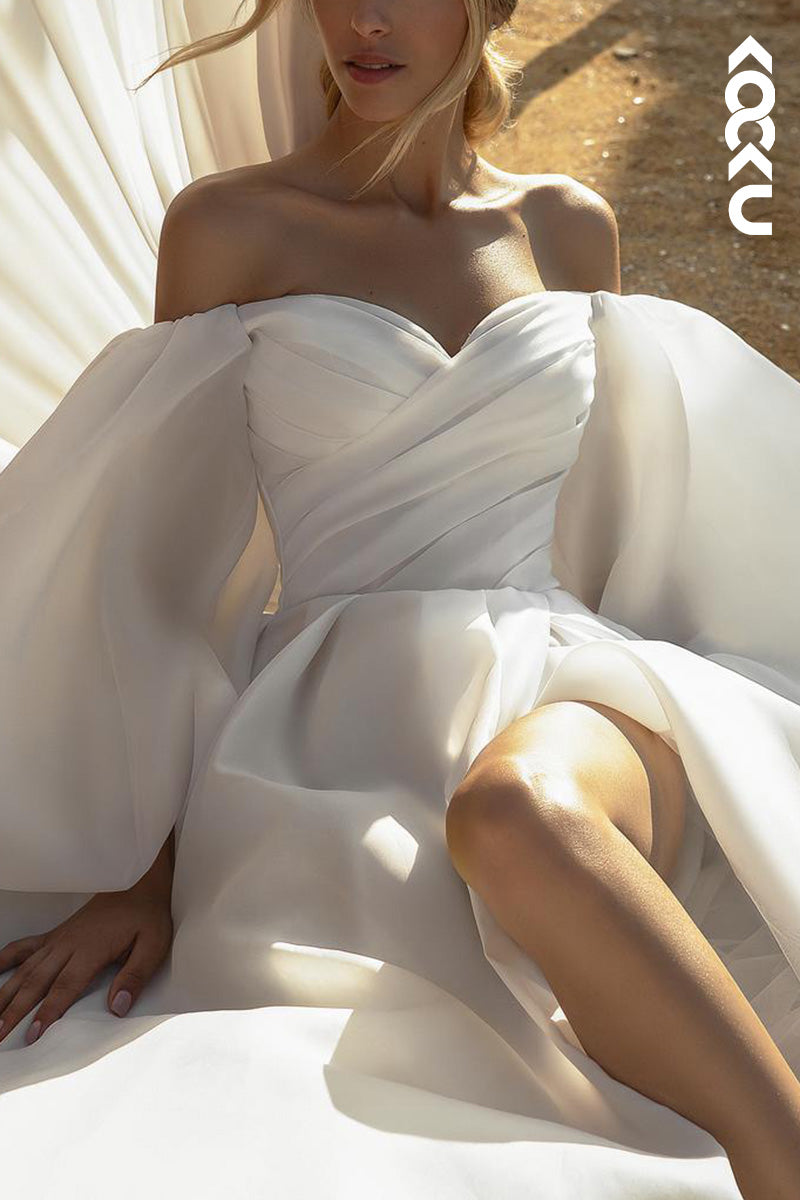 K1494 - Off-Shoulder Long Sleeves Ruched Satin A-Line Long Wedding Dress