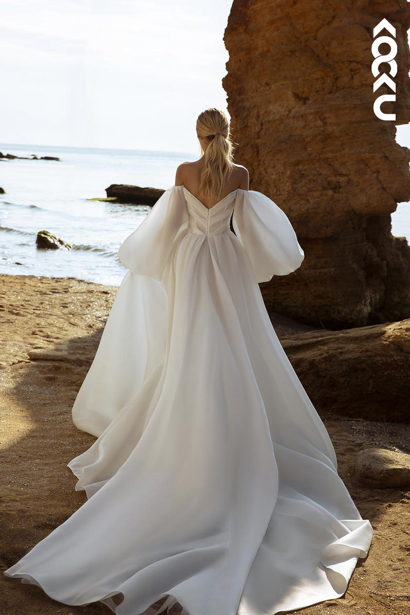 K1494 - Off-Shoulder Long Sleeves Ruched Satin A-Line Long Wedding Dress