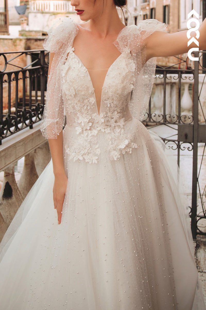 K1496 - Low V-Neck Appliqued Beaded Tulle A-Line Long Wedding Dress With Slit