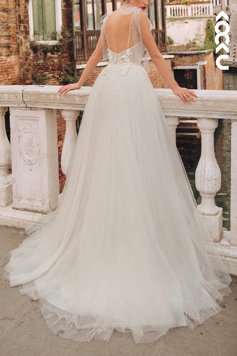 K1496 - Low V-Neck Appliqued Beaded Tulle A-Line Long Wedding Dress With Slit