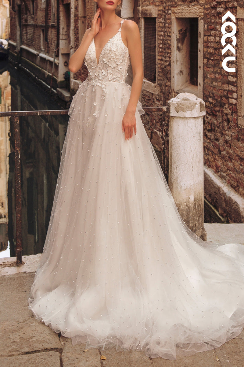 K1497 - Low V-Neck Appliqued Beaded Tulle A-Line Long Wedding Dress