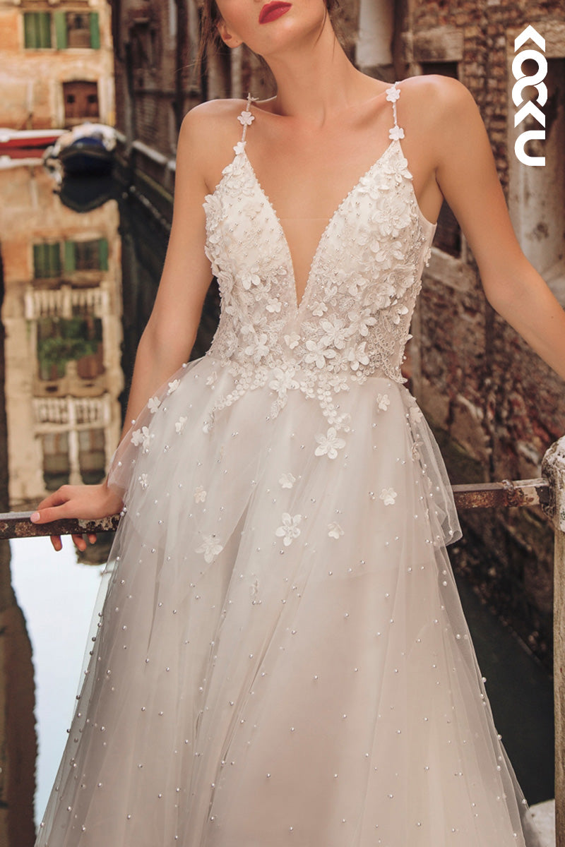 K1497 - Low V-Neck Appliqued Beaded Tulle A-Line Long Wedding Dress