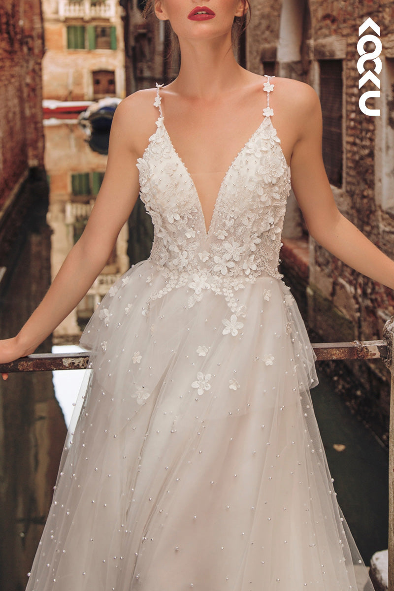 K1497 - Low V-Neck Appliqued Beaded Tulle A-Line Long Wedding Dress