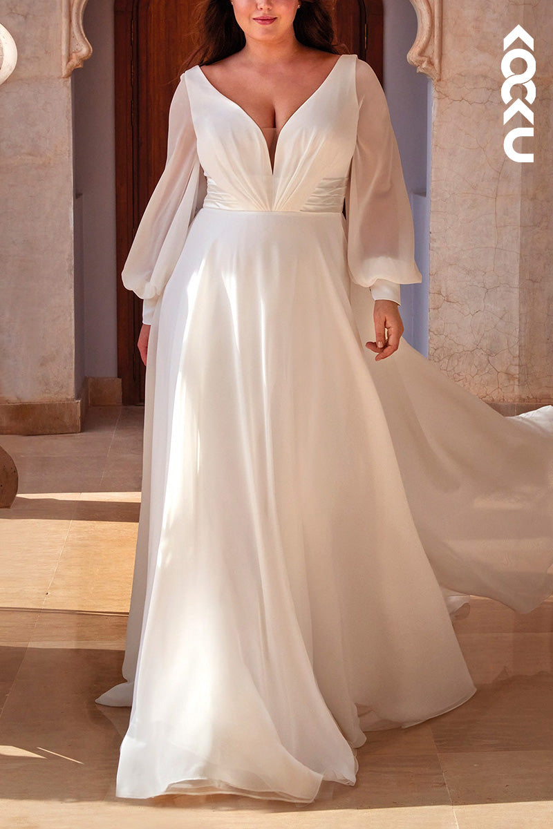 K1498 - Low V-Neck Long Sleeves Ruched Sheer Satin A-Line Long Wedding Dress