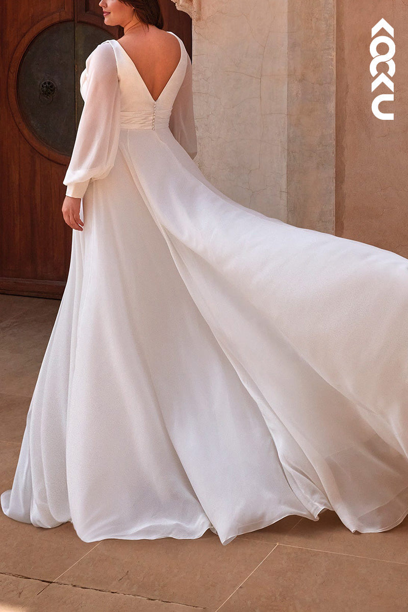 K1498 - Low V-Neck Long Sleeves Ruched Sheer Satin A-Line Long Wedding Dress