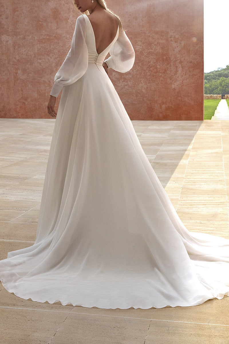 K1498 - Low V-Neck Long Sleeves Ruched Sheer Satin A-Line Long Wedding Dress