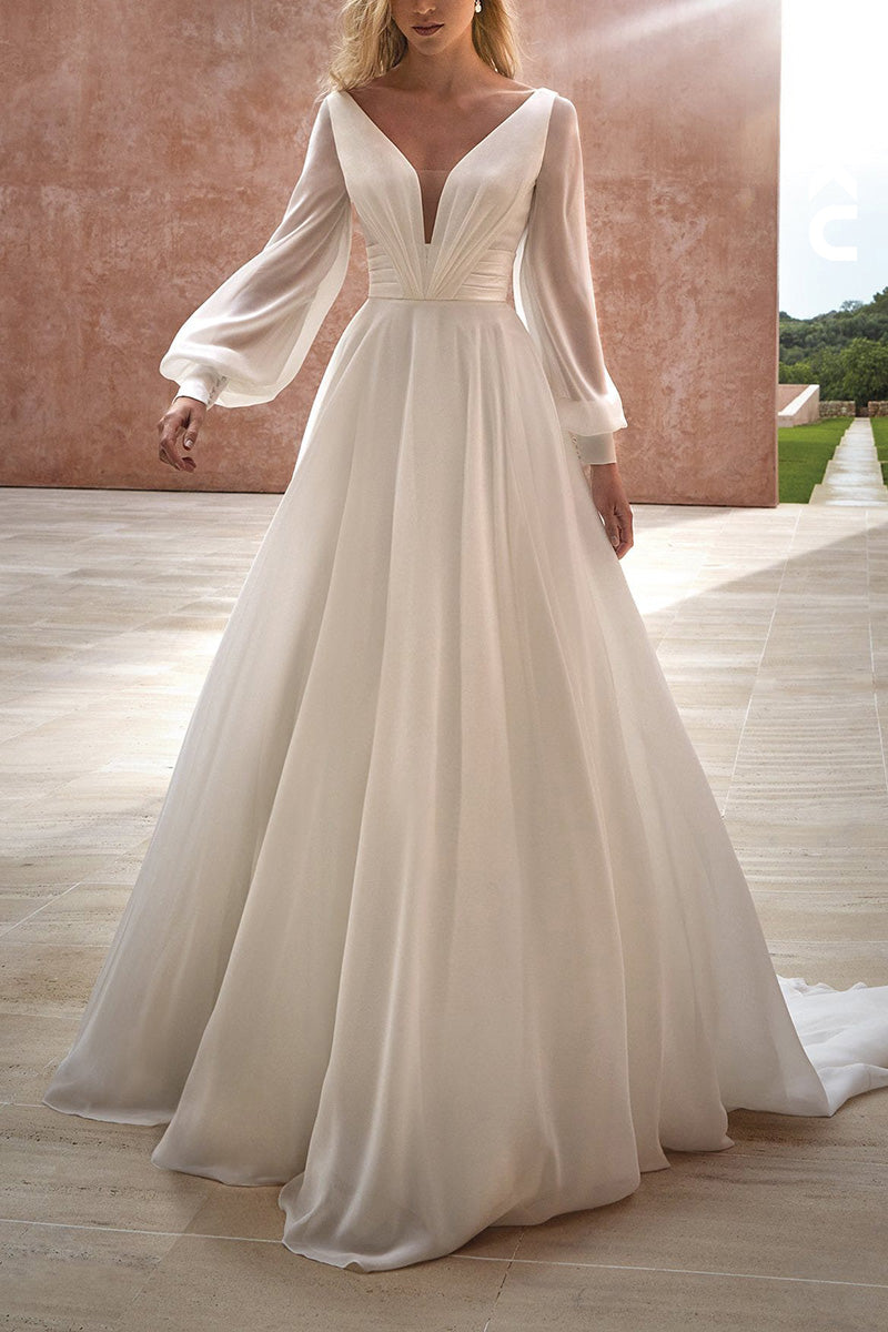 K1498 - Low V-Neck Long Sleeves Ruched Sheer Satin A-Line Long Wedding Dress