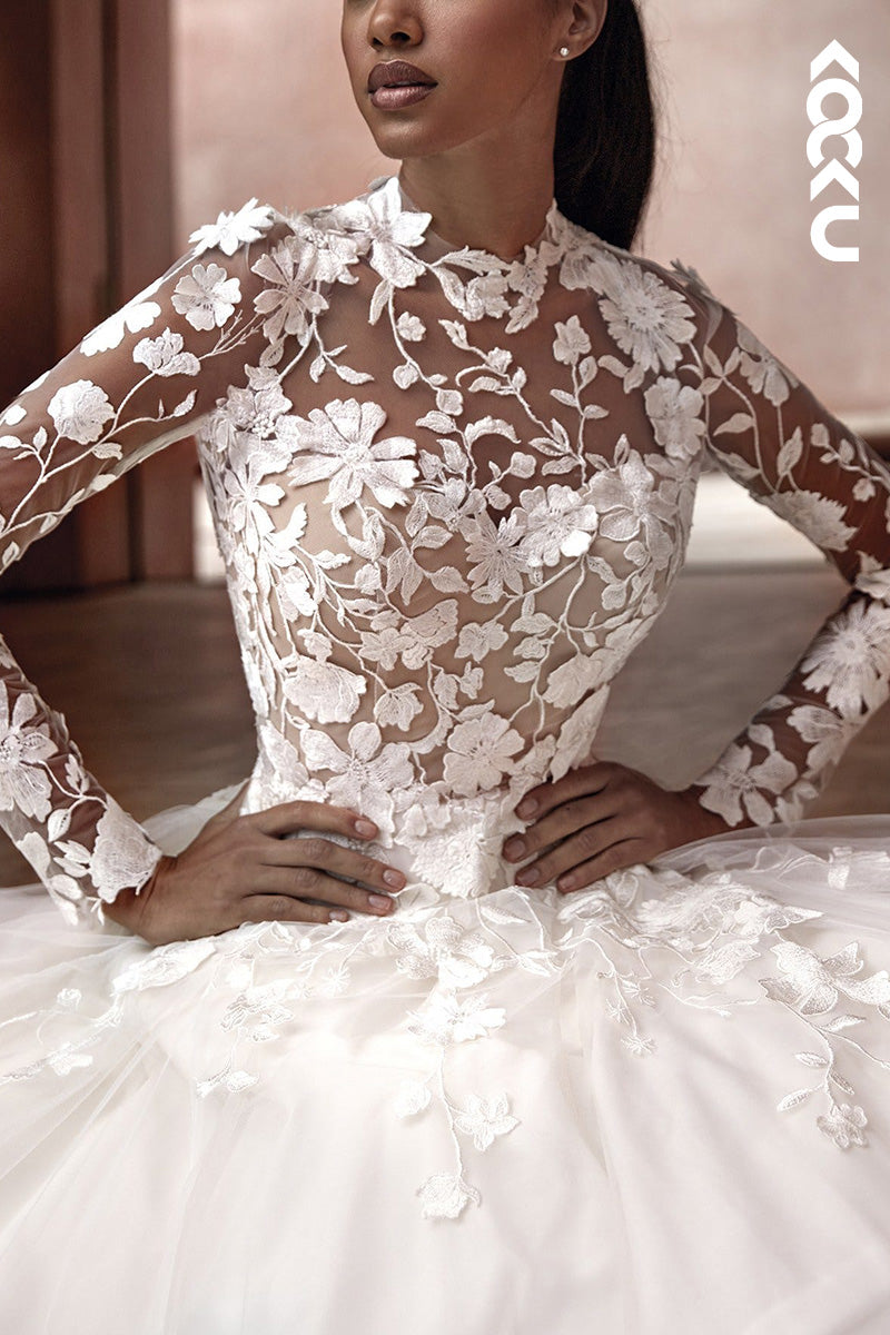 K1500 - High Neck Long Sleeves Appliqued Tulle A-Line Long Wedding Dress