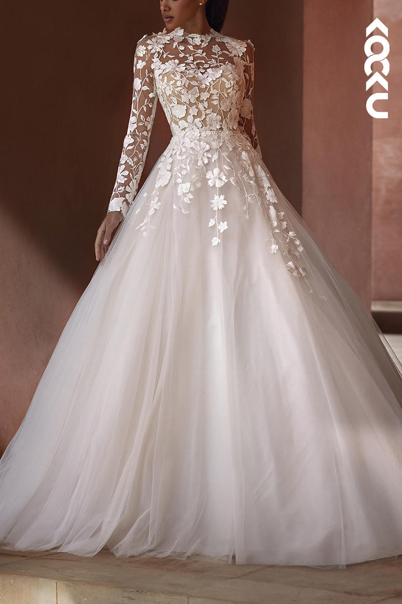 K1500 - High Neck Long Sleeves Appliqued Tulle A-Line Long Wedding Dress