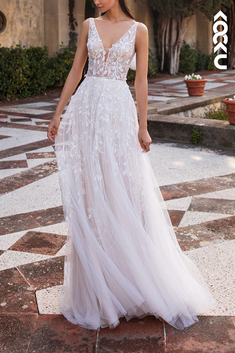 K1501 - Low V-Neck Sleeveless Appliqued Sheer Tulle A-Line Long Wedding Dress