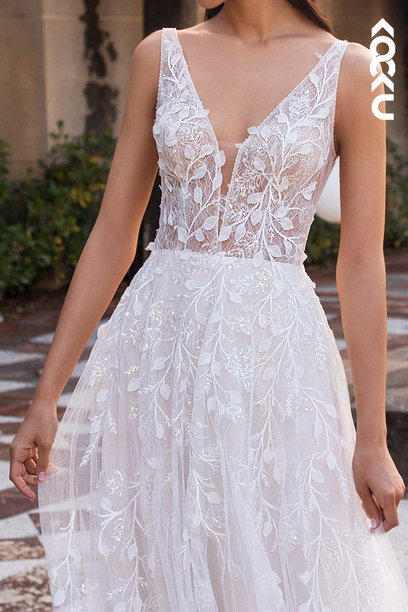 K1501 - Low V-Neck Sleeveless Appliqued Sheer Tulle A-Line Long Wedding Dress