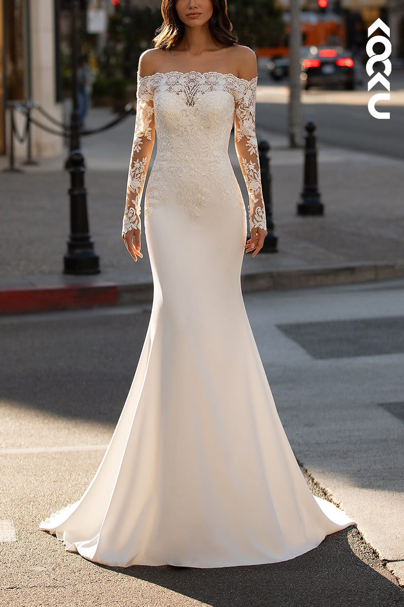 K1502 - Off-Shoulder Long Sleeves Lace Satin Mermaid Long Wedding Dress