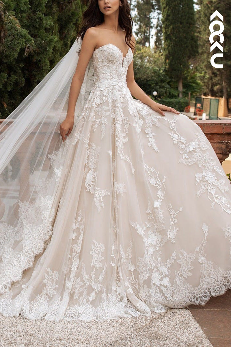 K1503 - Sweetheart Strapless Lace Appliqued Tulle A-Line Long Wedding Dress