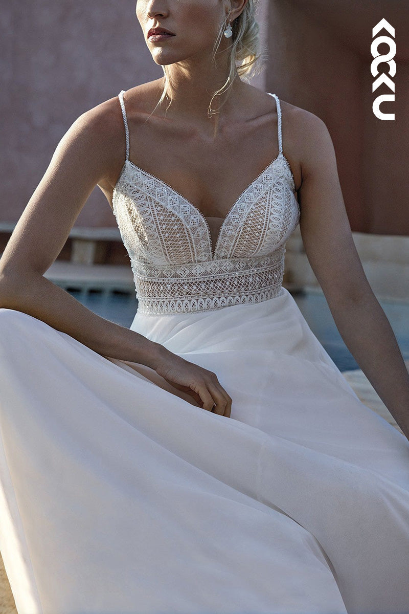 K1505 - V-Neck Spaghetti Straps Lace Ruched Chiffon A-Line Long Wedding Dress