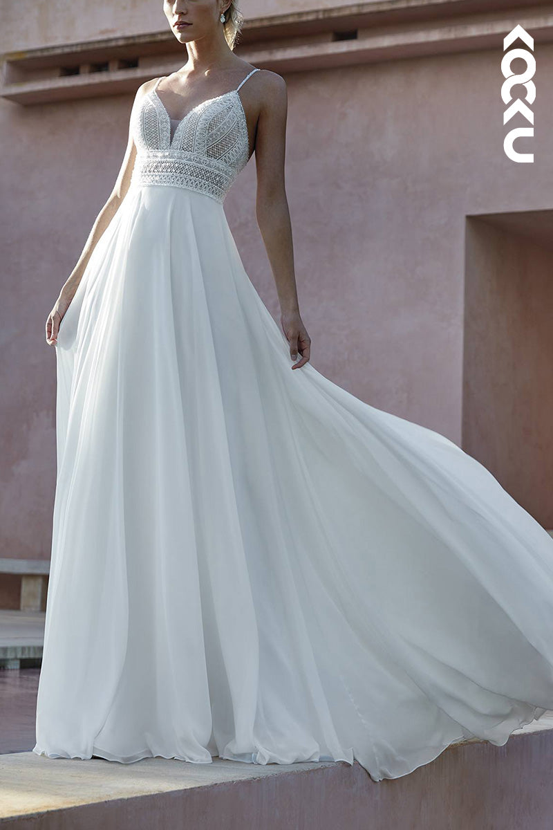 K1505 - V-Neck Spaghetti Straps Lace Ruched Chiffon A-Line Long Wedding Dress