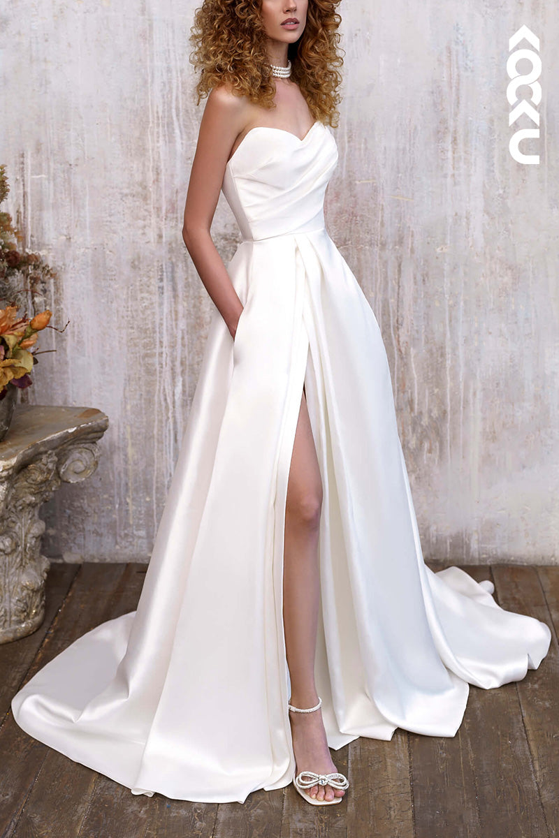 K1506 - Sweetheart Strapless Sleeveless Ruched Satin A-Line Wedding Dress